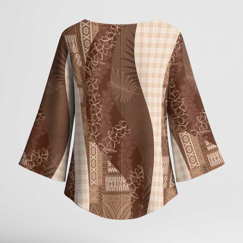 Polynesian Tribal Pattern Patchwork Picturesque Kimono Sleeve Blouse Mocha