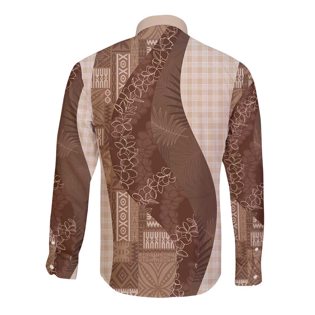 Polynesian Tribal Pattern Patchwork Picturesque Long Sleeve Button Shirt Mocha