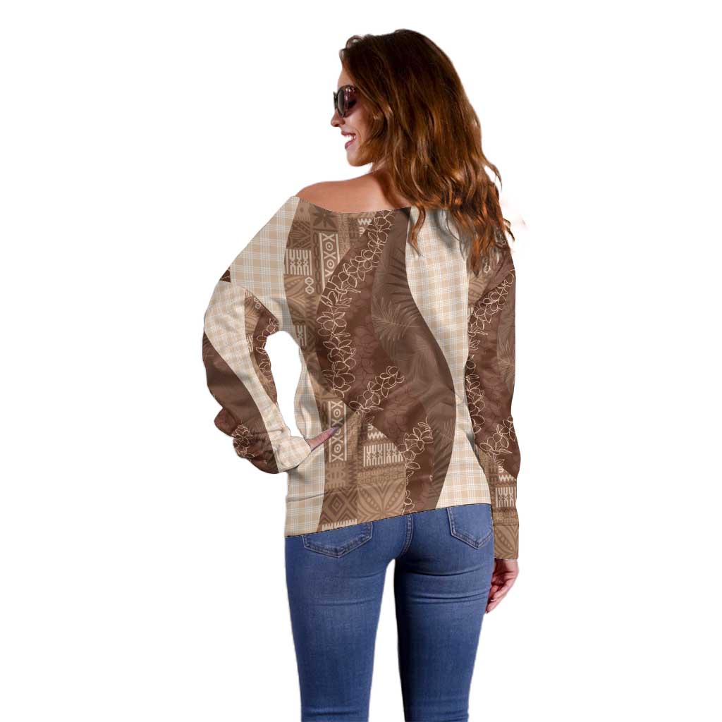 Polynesian Tribal Pattern Patchwork Picturesque Off Shoulder Sweater Mocha