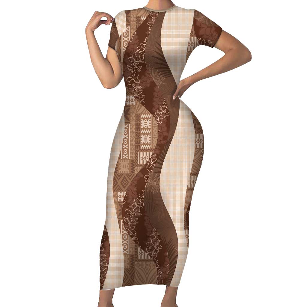 Polynesian Tribal Pattern Patchwork Picturesque Short Sleeve Bodycon Dress Mocha LT7 Long Dress Mocha - Polynesian Pride