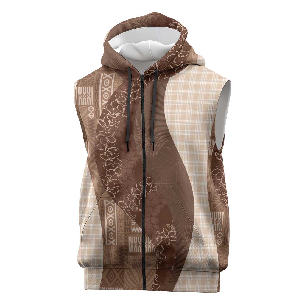 Polynesian Tribal Pattern Patchwork Picturesque Sleeveless Zip Hoodie Mocha
