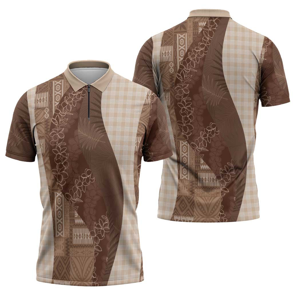 Polynesian Tribal Pattern Patchwork Picturesque Zipper Polo Shirt Mocha