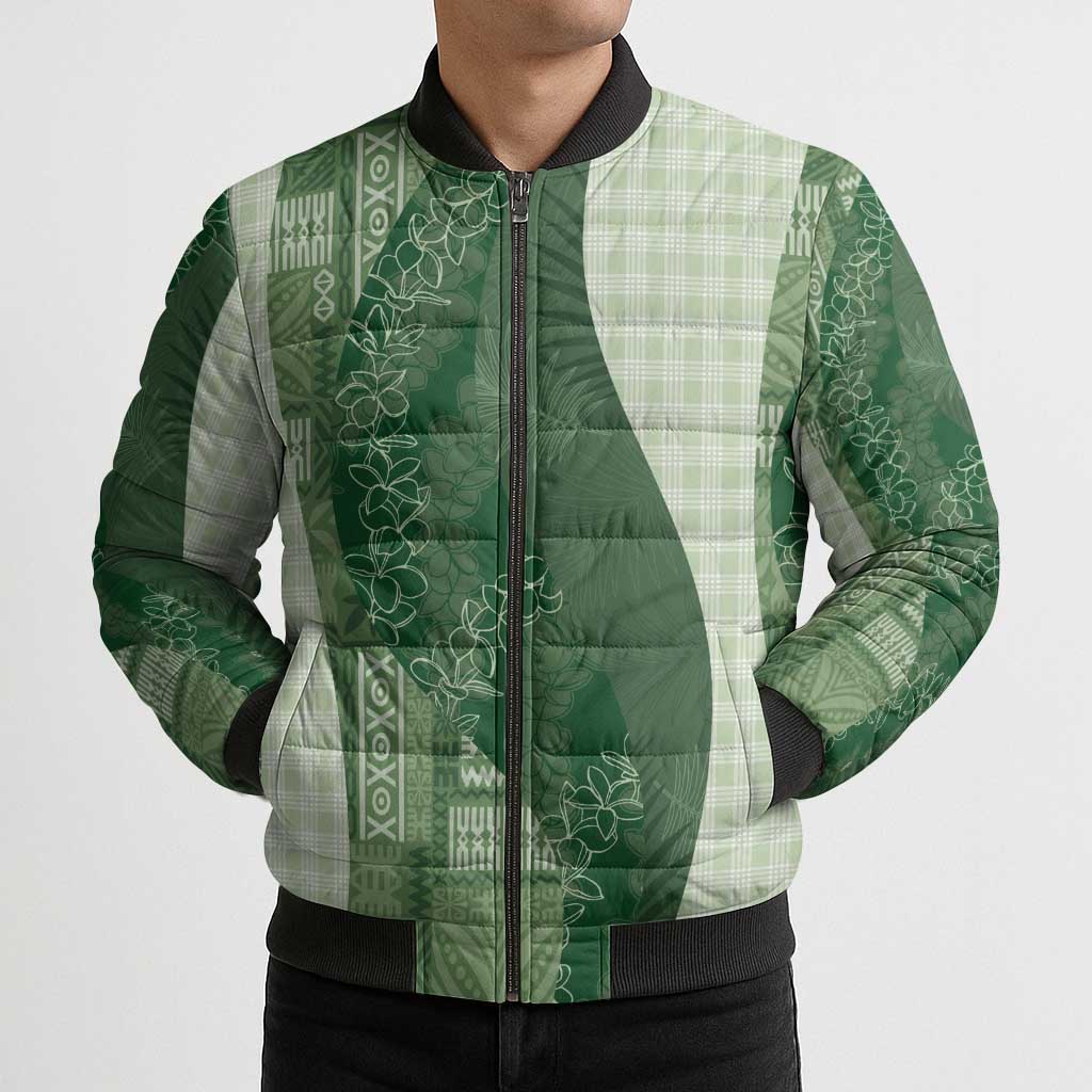 Polynesian Tribal Pattern Patchwork Picturesque Bomber Puffer Jacket Sage Green