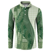 Polynesian Tribal Pattern Patchwork Picturesque Button Sweatshirt Sage Green