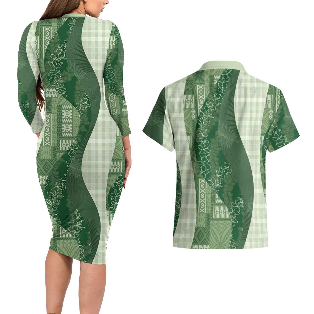 Polynesian Tribal Pattern Patchwork Picturesque Couples Matching Long Sleeve Bodycon Dress and Hawaiian Shirt Sage Green