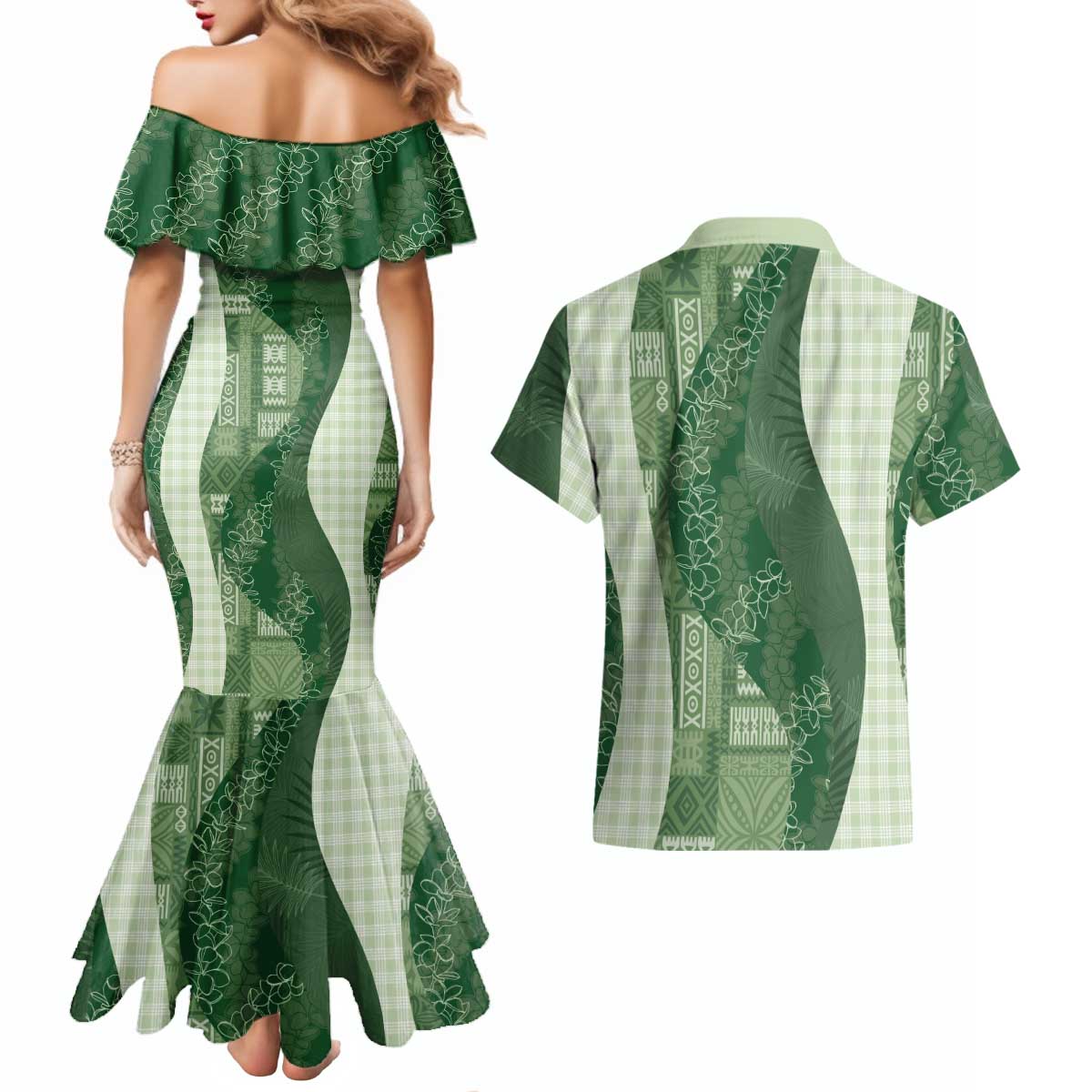 Polynesian Tribal Pattern Patchwork Picturesque Couples Matching Mermaid Dress and Hawaiian Shirt Sage Green