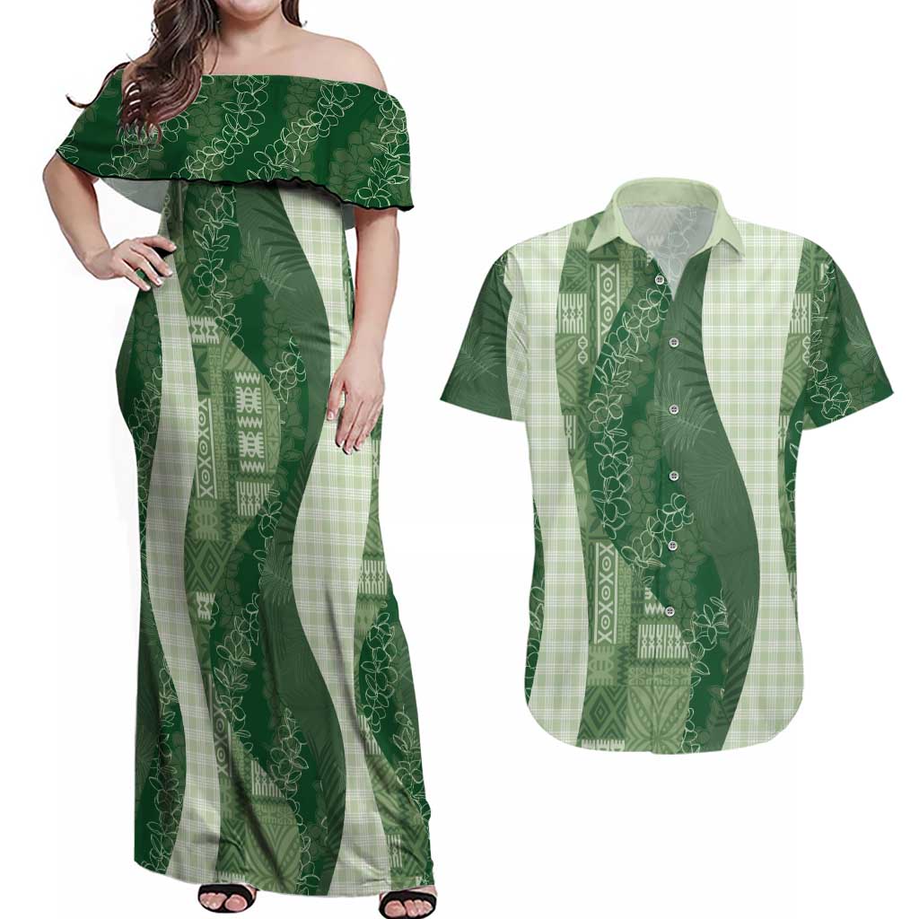 Polynesian Tribal Pattern Patchwork Picturesque Couples Matching Off Shoulder Maxi Dress and Hawaiian Shirt Sage Green