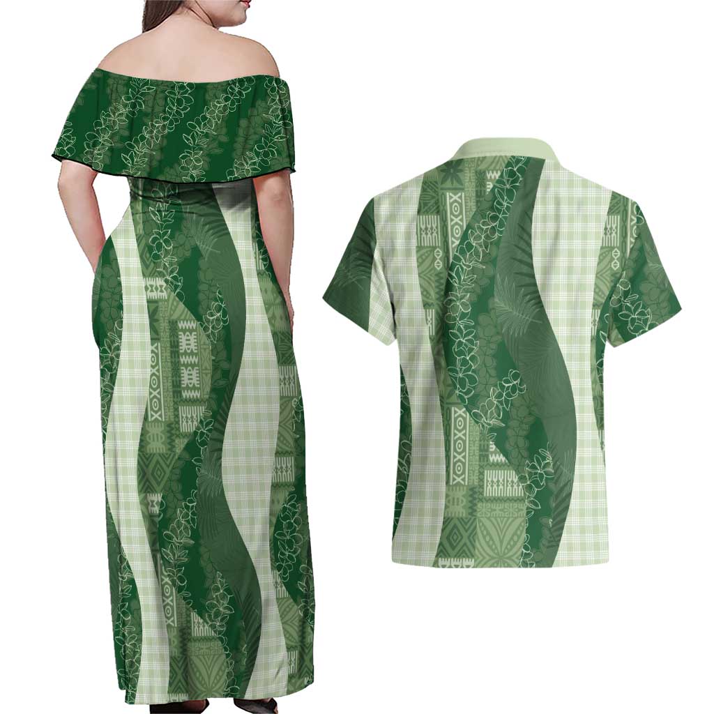 Polynesian Tribal Pattern Patchwork Picturesque Couples Matching Off Shoulder Maxi Dress and Hawaiian Shirt Sage Green