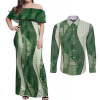 Polynesian Tribal Pattern Patchwork Picturesque Couples Matching Off Shoulder Maxi Dress and Long Sleeve Button Shirt Sage Green
