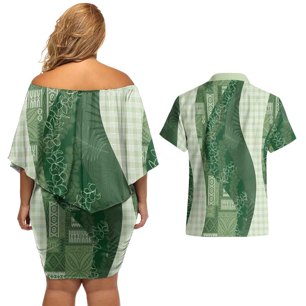 Polynesian Tribal Pattern Patchwork Picturesque Couples Matching Off Shoulder Short Dress and Hawaiian Shirt Sage Green