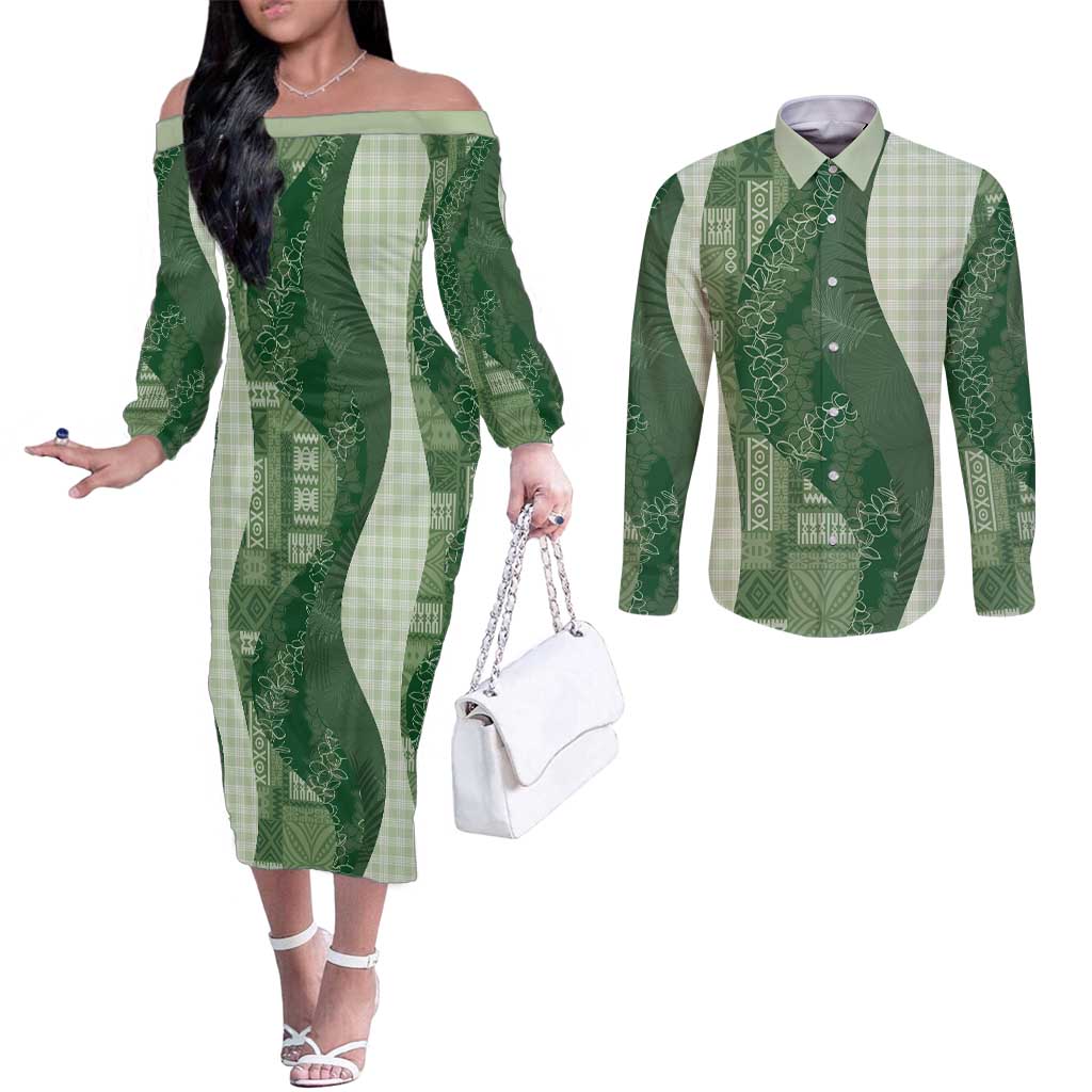 Polynesian Tribal Pattern Patchwork Picturesque Couples Matching Off The Shoulder Long Sleeve Dress and Long Sleeve Button Shirt Sage Green