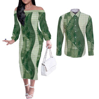 Polynesian Tribal Pattern Patchwork Picturesque Couples Matching Off The Shoulder Long Sleeve Dress and Long Sleeve Button Shirt Sage Green