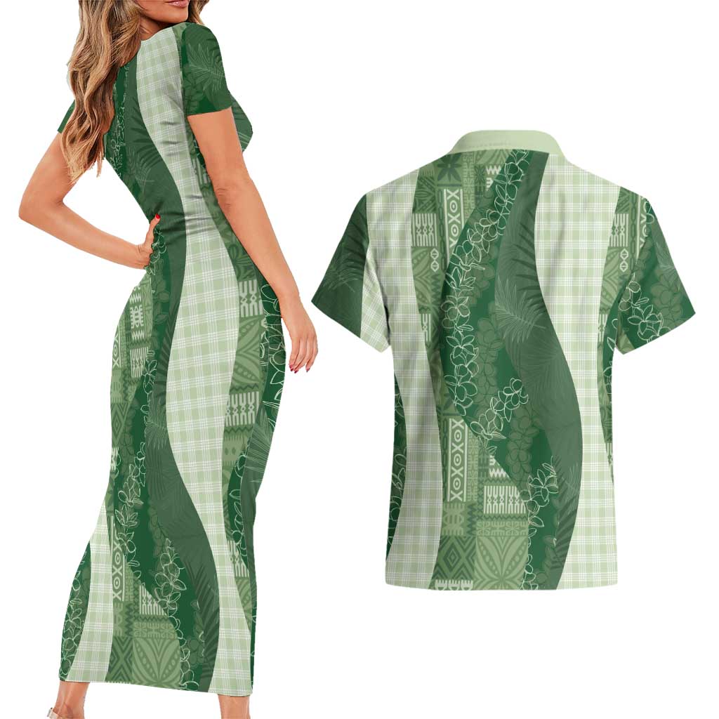 Polynesian Tribal Pattern Patchwork Picturesque Couples Matching Short Sleeve Bodycon Dress and Hawaiian Shirt Sage Green