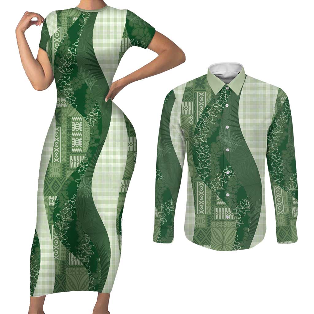 Polynesian Tribal Pattern Patchwork Picturesque Couples Matching Short Sleeve Bodycon Dress and Long Sleeve Button Shirt Sage Green