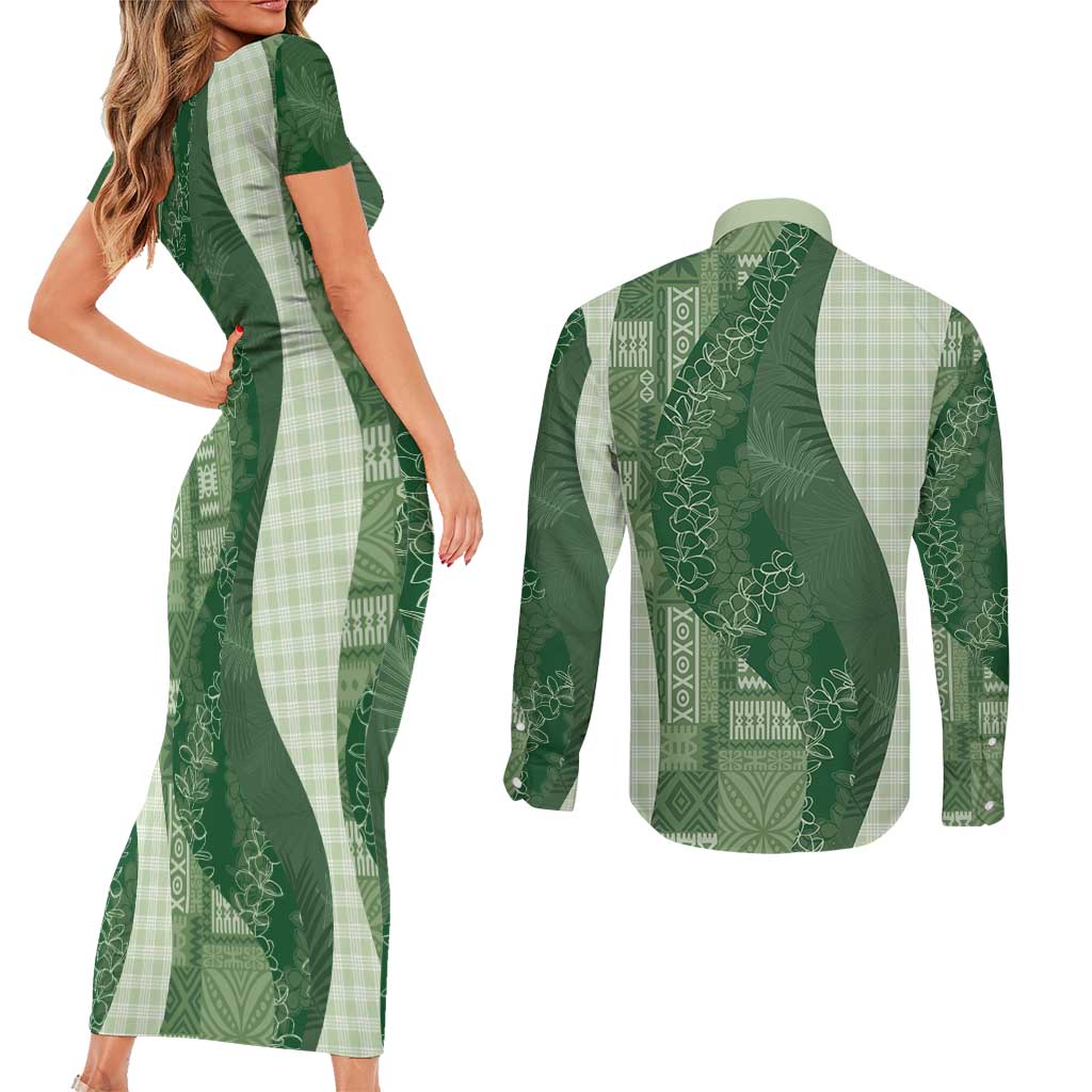 Polynesian Tribal Pattern Patchwork Picturesque Couples Matching Short Sleeve Bodycon Dress and Long Sleeve Button Shirt Sage Green