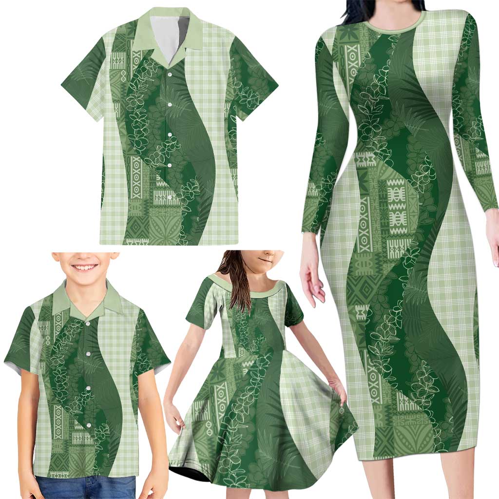 Polynesian Tribal Pattern Patchwork Picturesque Family Matching Long Sleeve Bodycon Dress and Hawaiian Shirt Sage Green LT7 - Polynesian Pride