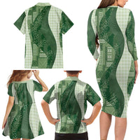 Polynesian Tribal Pattern Patchwork Picturesque Family Matching Long Sleeve Bodycon Dress and Hawaiian Shirt Sage Green