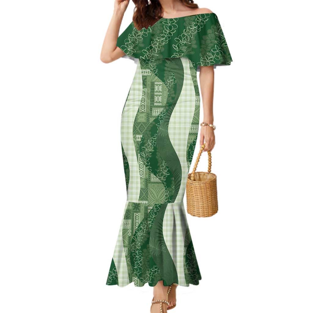 Polynesian Tribal Pattern Patchwork Picturesque Family Matching Mermaid Dress and Hawaiian Shirt Sage Green