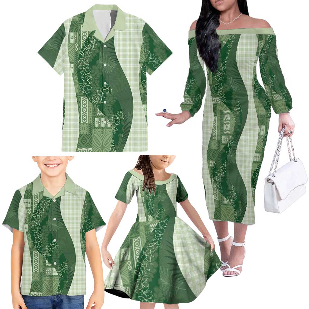Polynesian Tribal Pattern Patchwork Picturesque Family Matching Off The Shoulder Long Sleeve Dress and Hawaiian Shirt Sage Green LT7 - Polynesian Pride