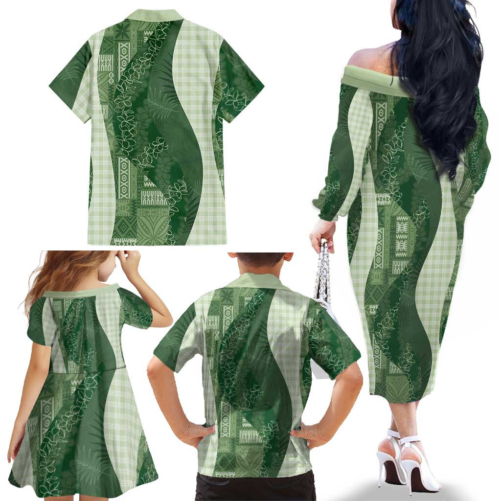 Polynesian Tribal Pattern Patchwork Picturesque Family Matching Off The Shoulder Long Sleeve Dress and Hawaiian Shirt Sage Green