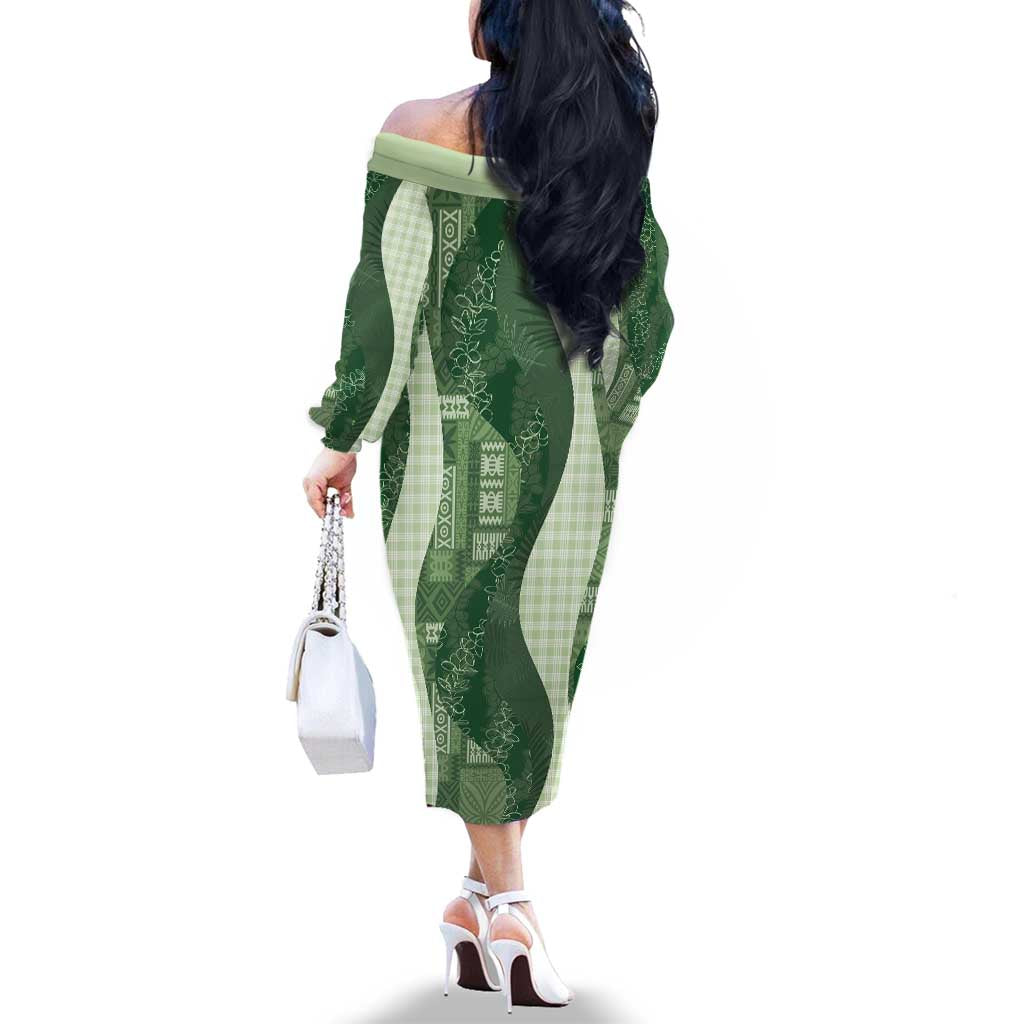 Polynesian Tribal Pattern Patchwork Picturesque Family Matching Off The Shoulder Long Sleeve Dress and Hawaiian Shirt Sage Green