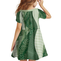 Polynesian Tribal Pattern Patchwork Picturesque Family Matching Off Shoulder Short Dress and Hawaiian Shirt Sage Green