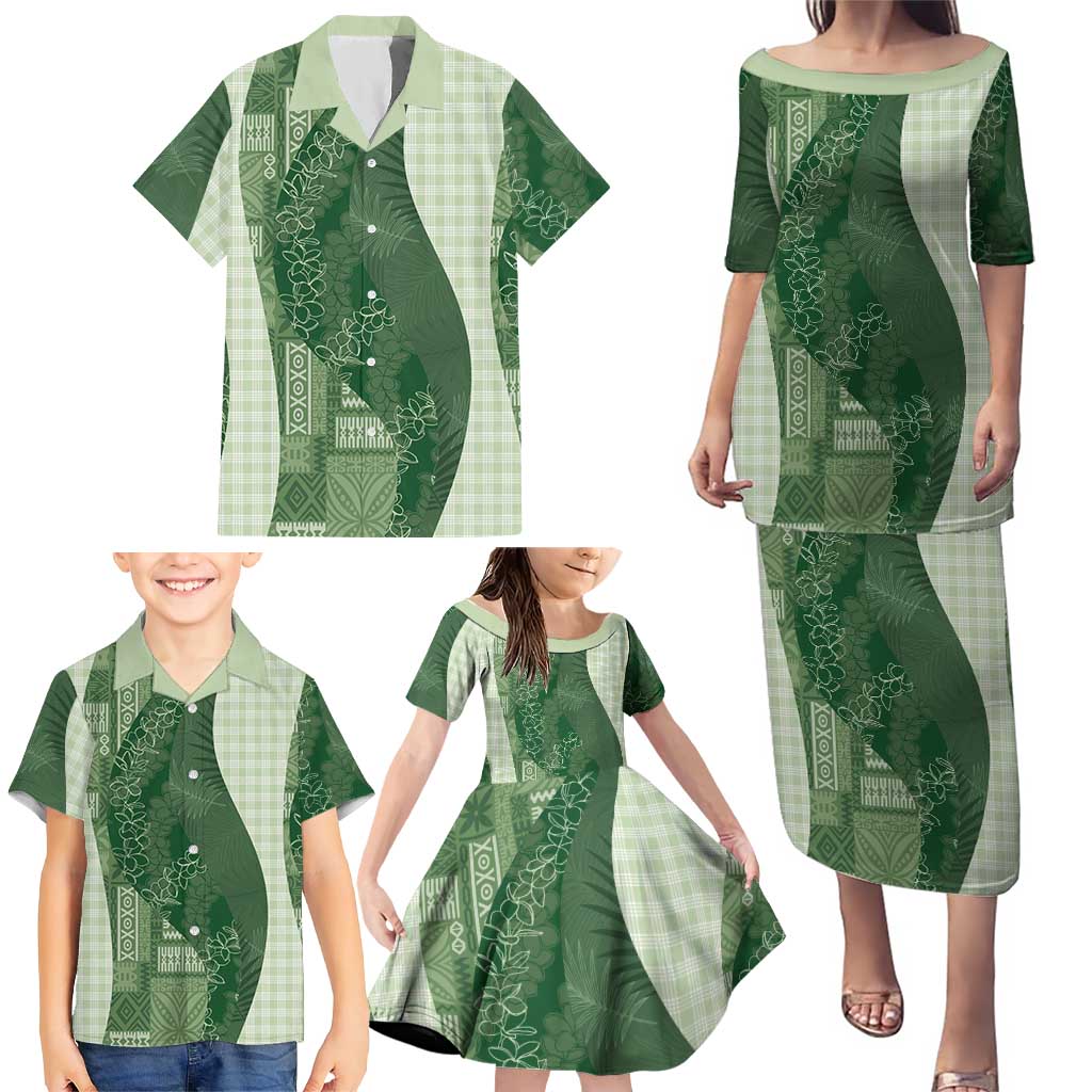 Polynesian Tribal Pattern Patchwork Picturesque Family Matching Puletasi and Hawaiian Shirt Sage Green