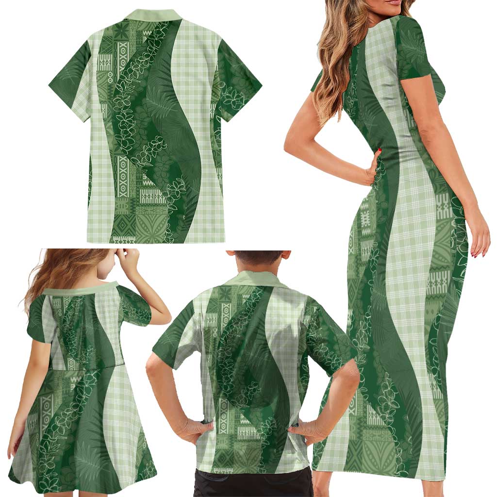 Polynesian Tribal Pattern Patchwork Picturesque Family Matching Short Sleeve Bodycon Dress and Hawaiian Shirt Sage Green