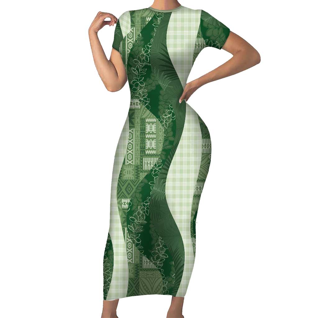 Polynesian Tribal Pattern Patchwork Picturesque Family Matching Short Sleeve Bodycon Dress and Hawaiian Shirt Sage Green
