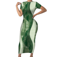 Polynesian Tribal Pattern Patchwork Picturesque Family Matching Short Sleeve Bodycon Dress and Hawaiian Shirt Sage Green