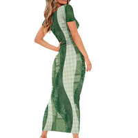 Polynesian Tribal Pattern Patchwork Picturesque Family Matching Short Sleeve Bodycon Dress and Hawaiian Shirt Sage Green