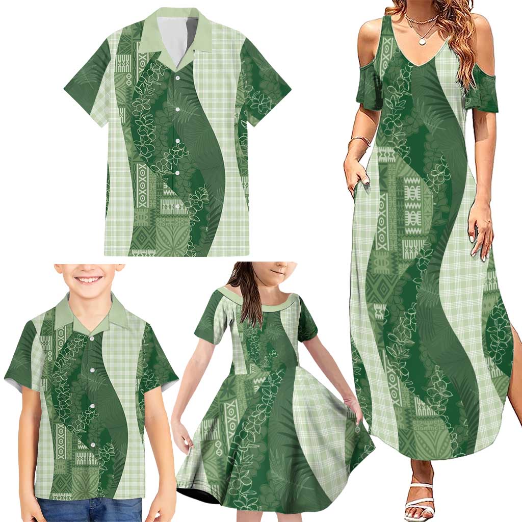 Polynesian Tribal Pattern Patchwork Picturesque Family Matching Summer Maxi Dress and Hawaiian Shirt Sage Green