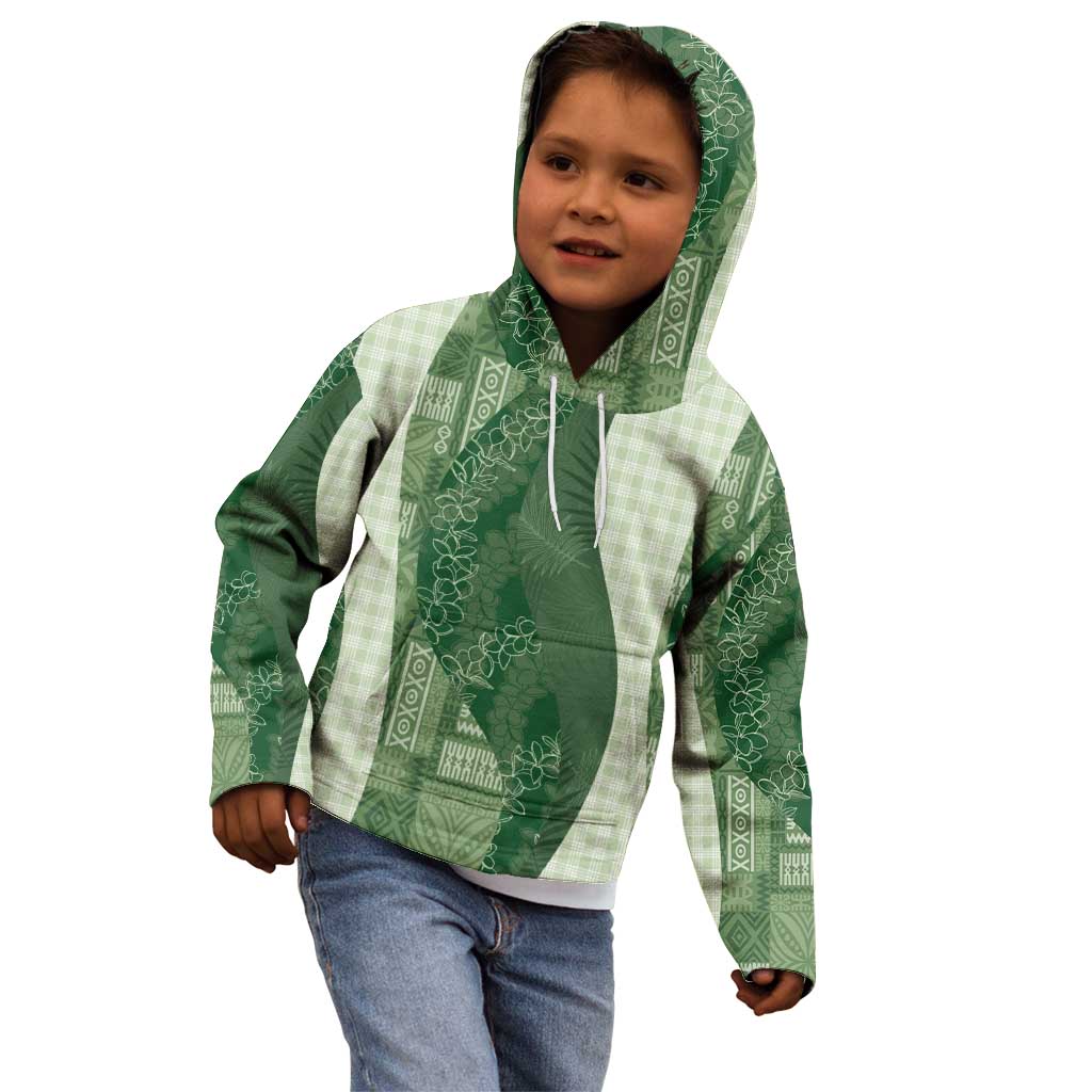 Polynesian Tribal Pattern Patchwork Picturesque Kid Hoodie Sage Green