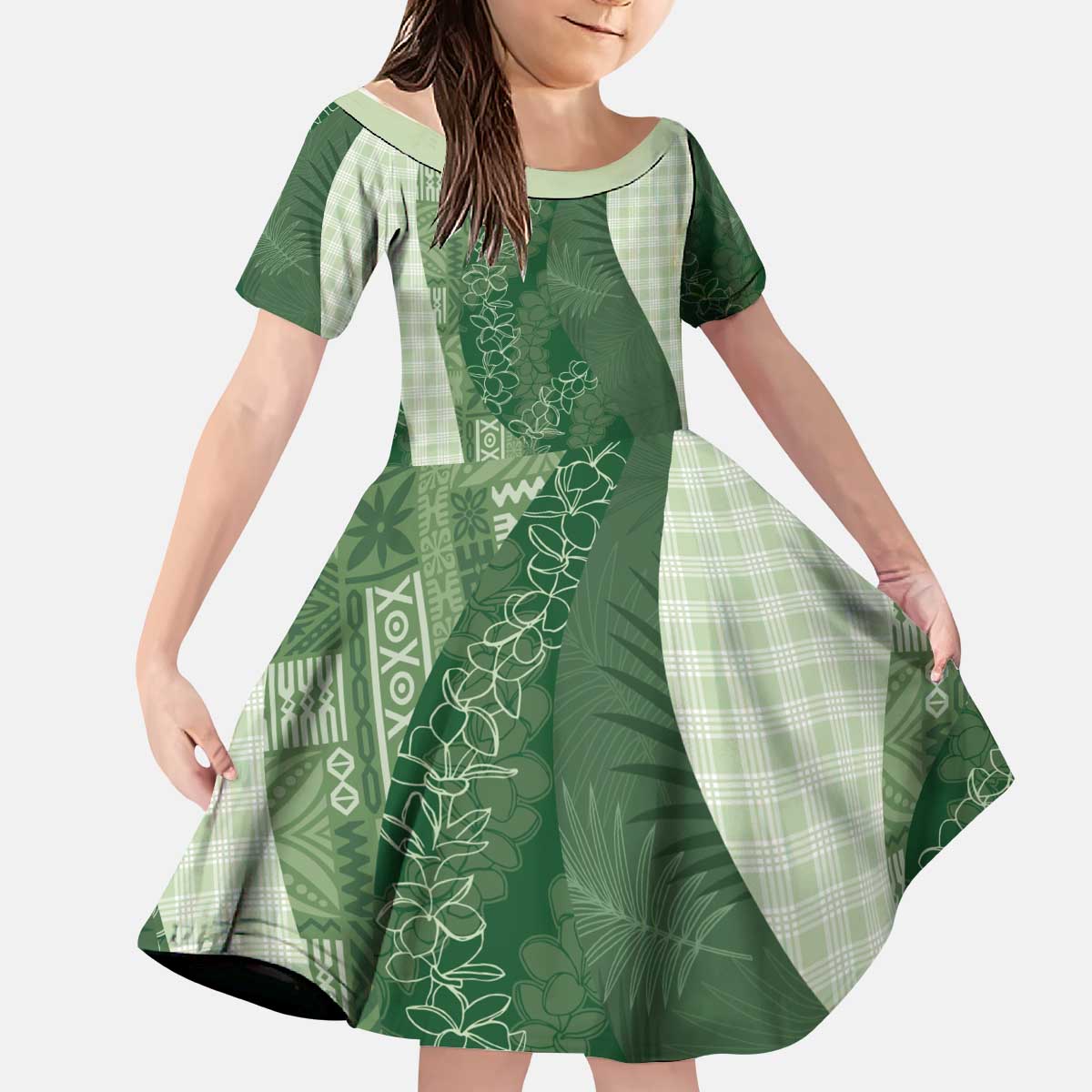 Polynesian Tribal Pattern Patchwork Picturesque Kid Short Sleeve Dress Sage Green