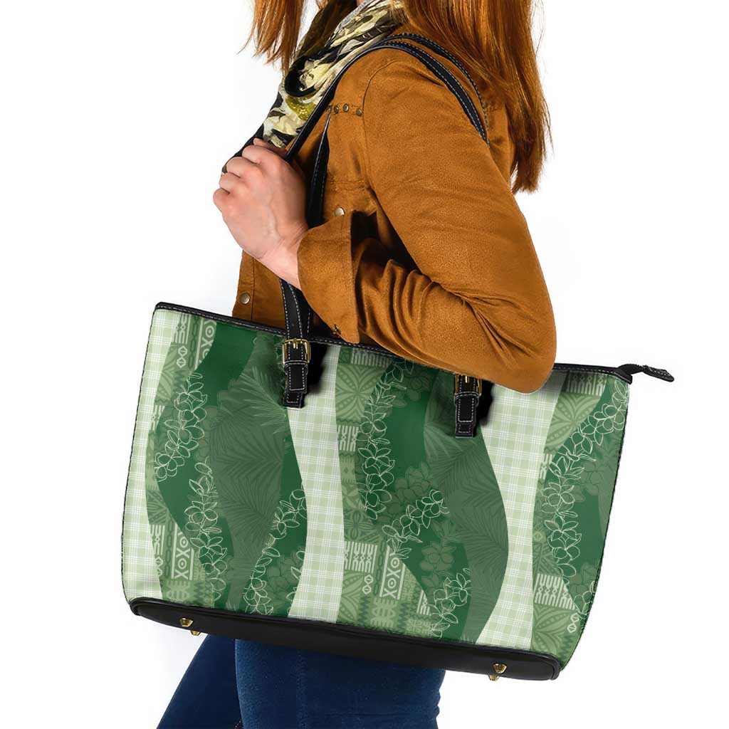 Polynesian Tribal Pattern Patchwork Picturesque Leather Tote Bag Sage Green
