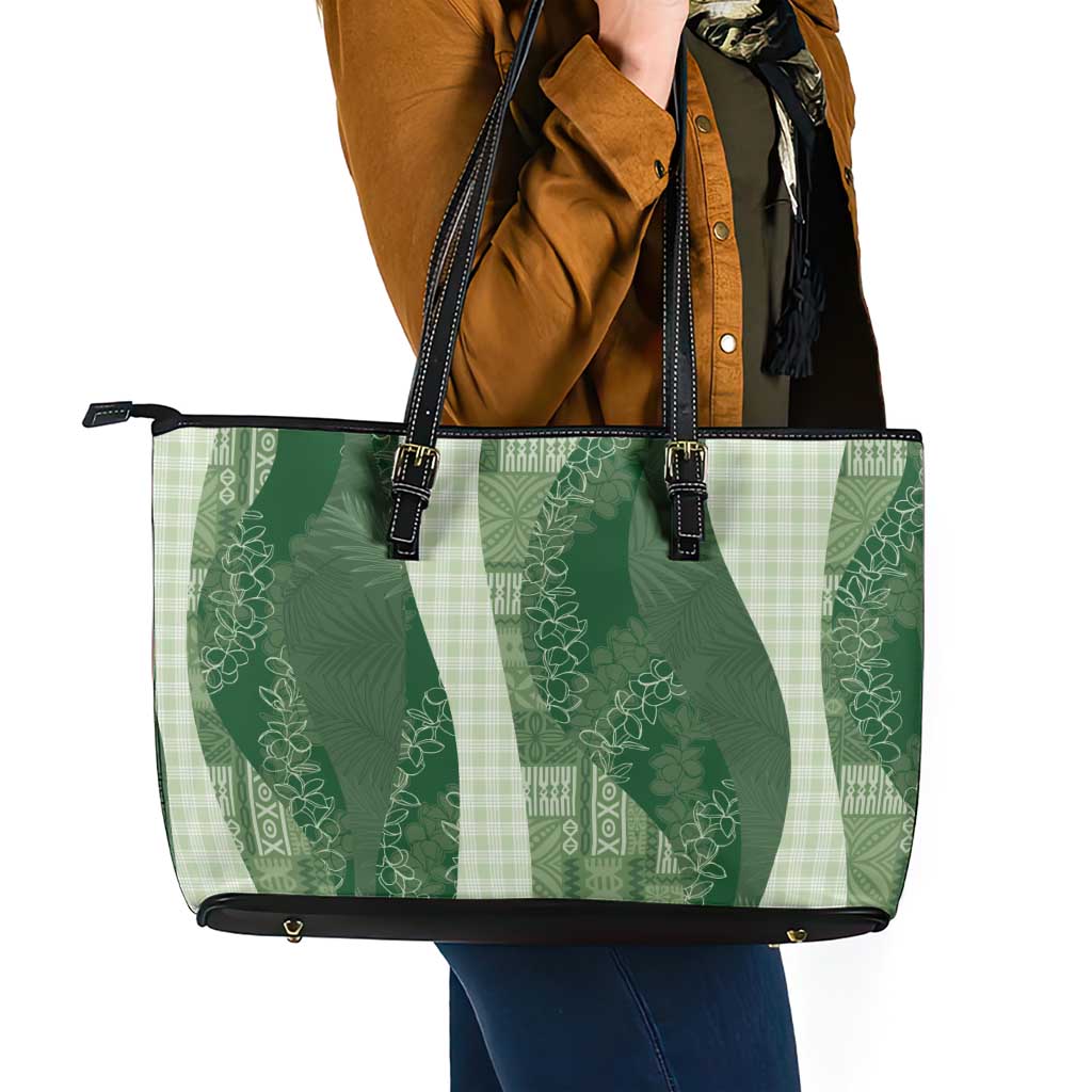 Polynesian Tribal Pattern Patchwork Picturesque Leather Tote Bag Sage Green