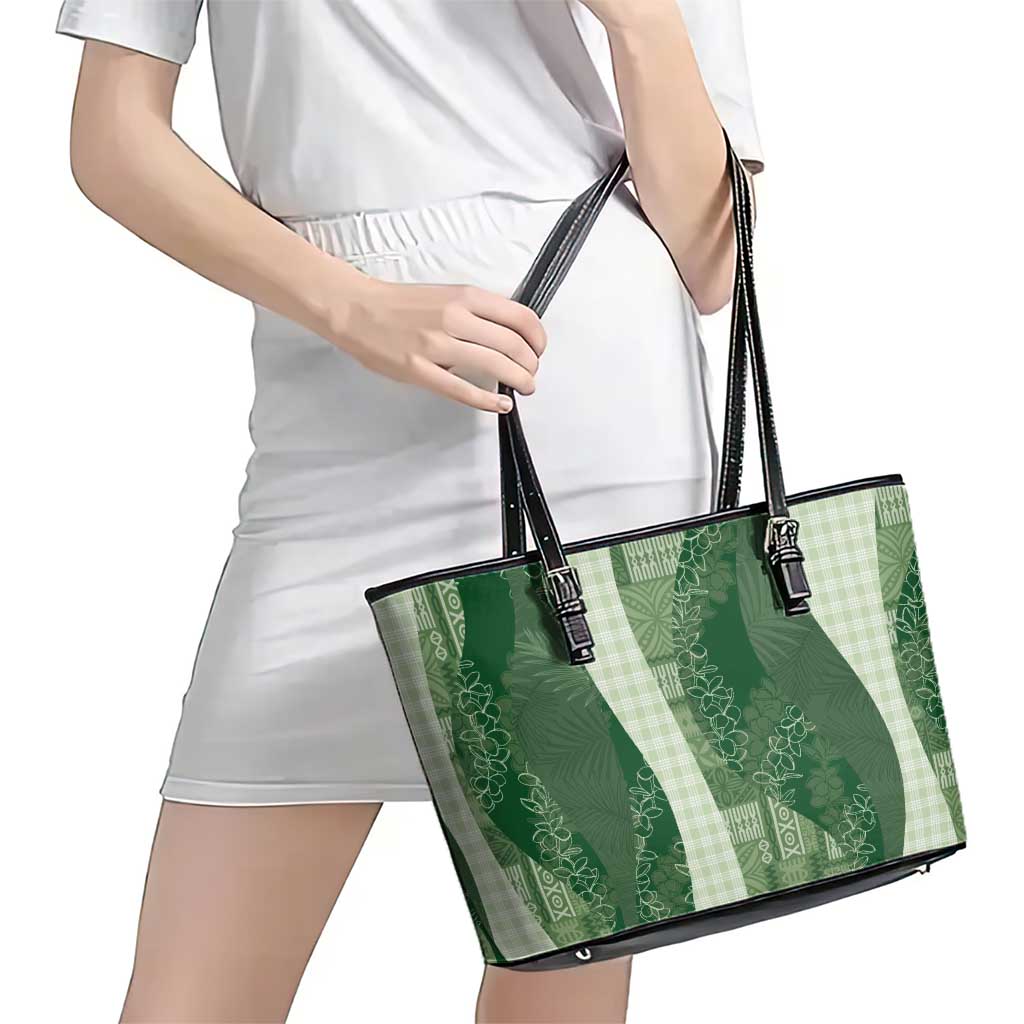 Polynesian Tribal Pattern Patchwork Picturesque Leather Tote Bag Sage Green