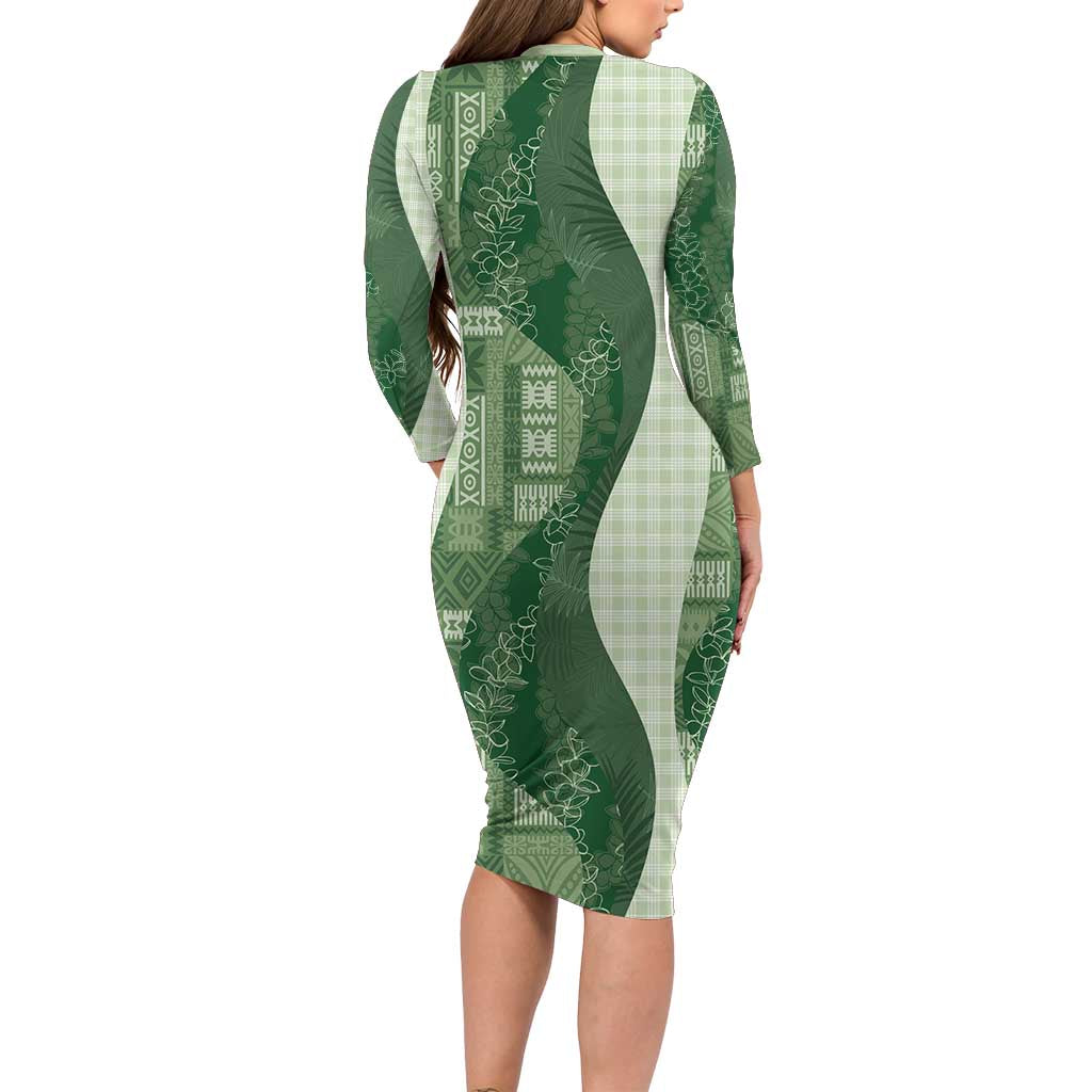 Polynesian Tribal Pattern Patchwork Picturesque Long Sleeve Bodycon Dress Sage Green