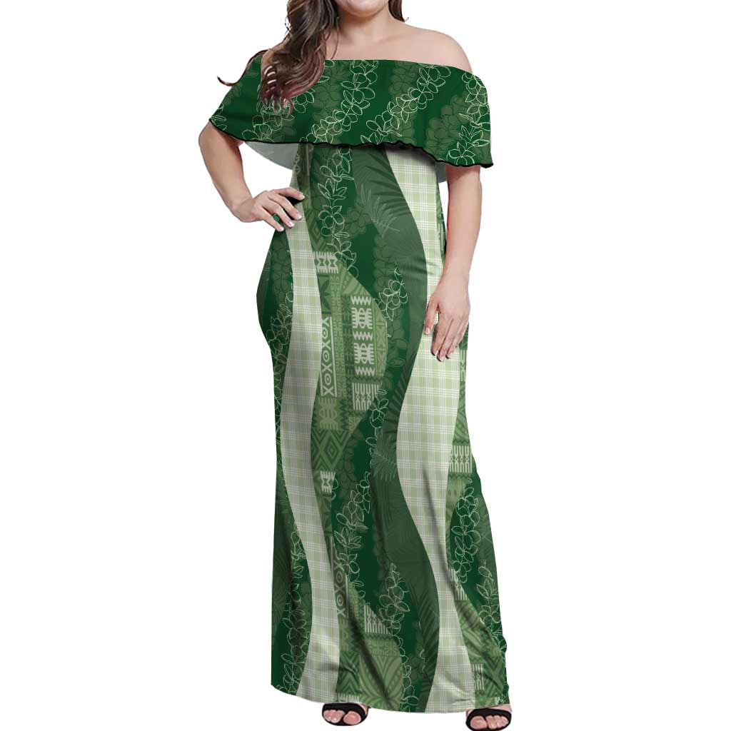 Polynesian Tribal Pattern Patchwork Picturesque Off Shoulder Maxi Dress Sage Green LT7 Women Sage Green - Polynesian Pride