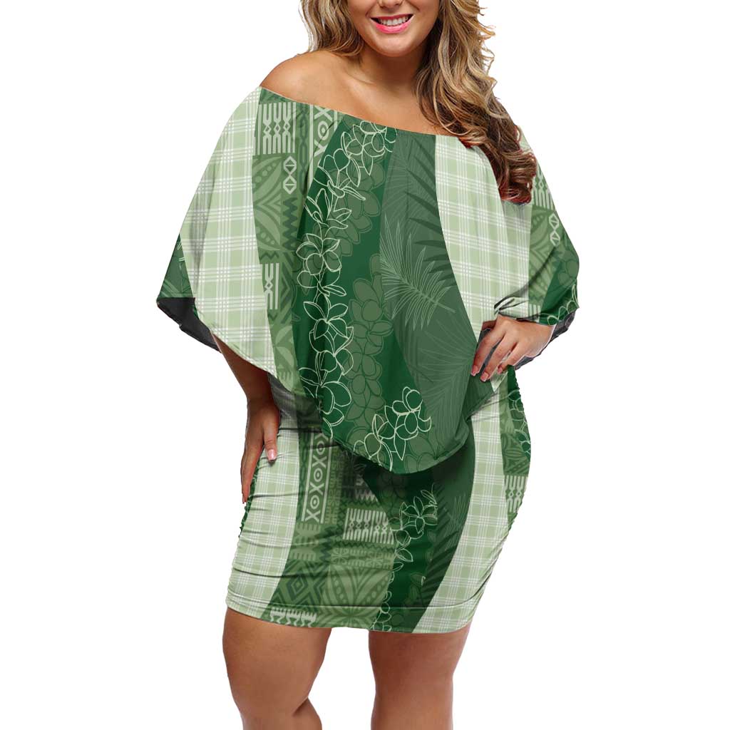 Polynesian Tribal Pattern Patchwork Picturesque Off Shoulder Short Dress Sage Green