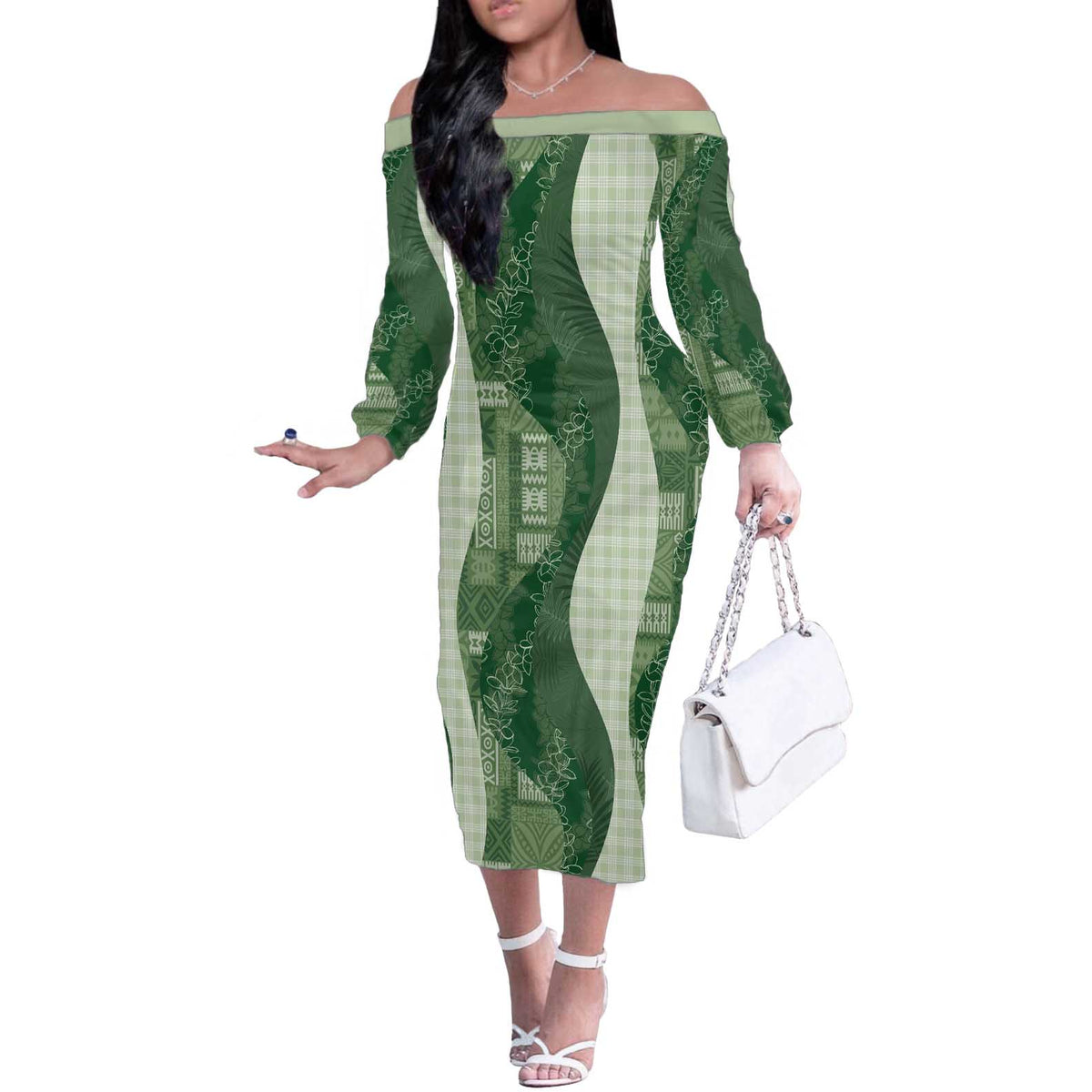 Polynesian Tribal Pattern Patchwork Picturesque Off The Shoulder Long Sleeve Dress Sage Green