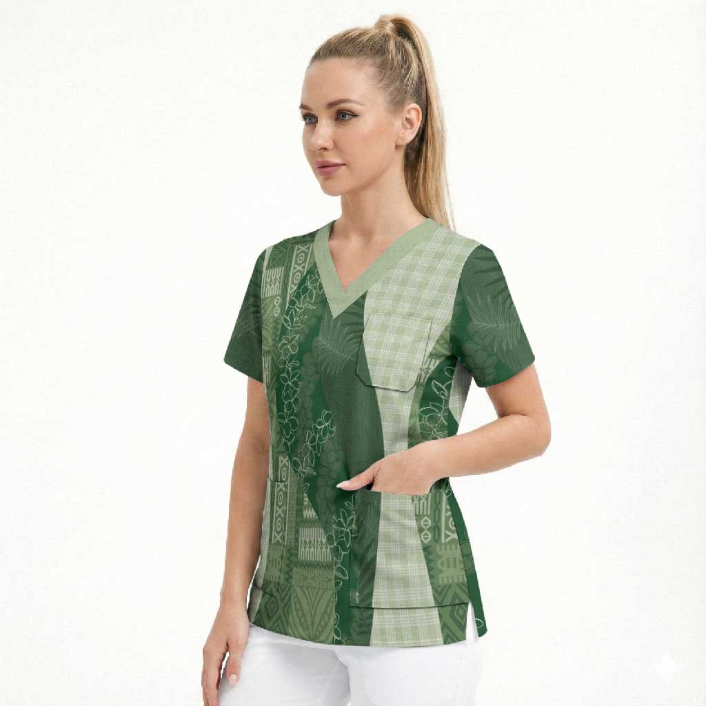 Polynesian Tribal Pattern Patchwork Picturesque Scrub Top Sage Green