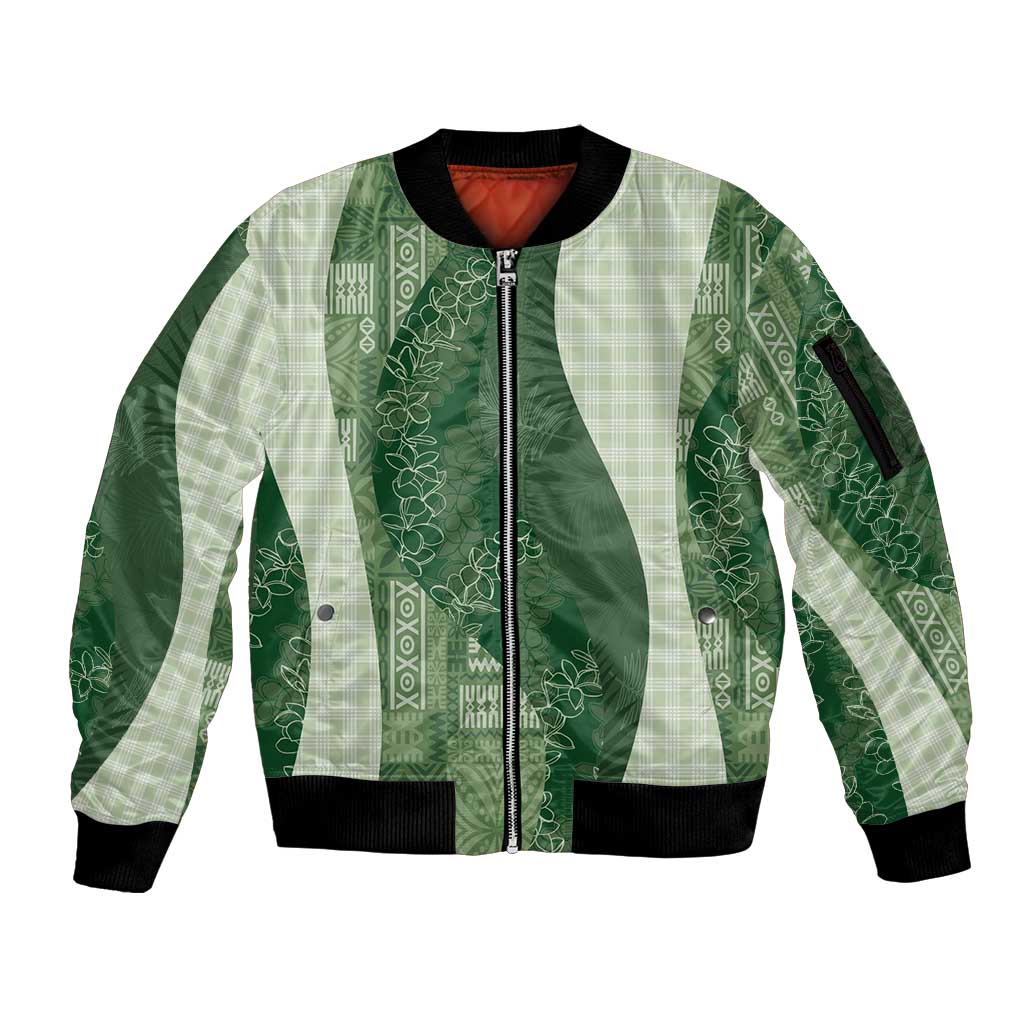 Polynesian Tribal Pattern Patchwork Picturesque Sleeve Zip Bomber Jacket Sage Green