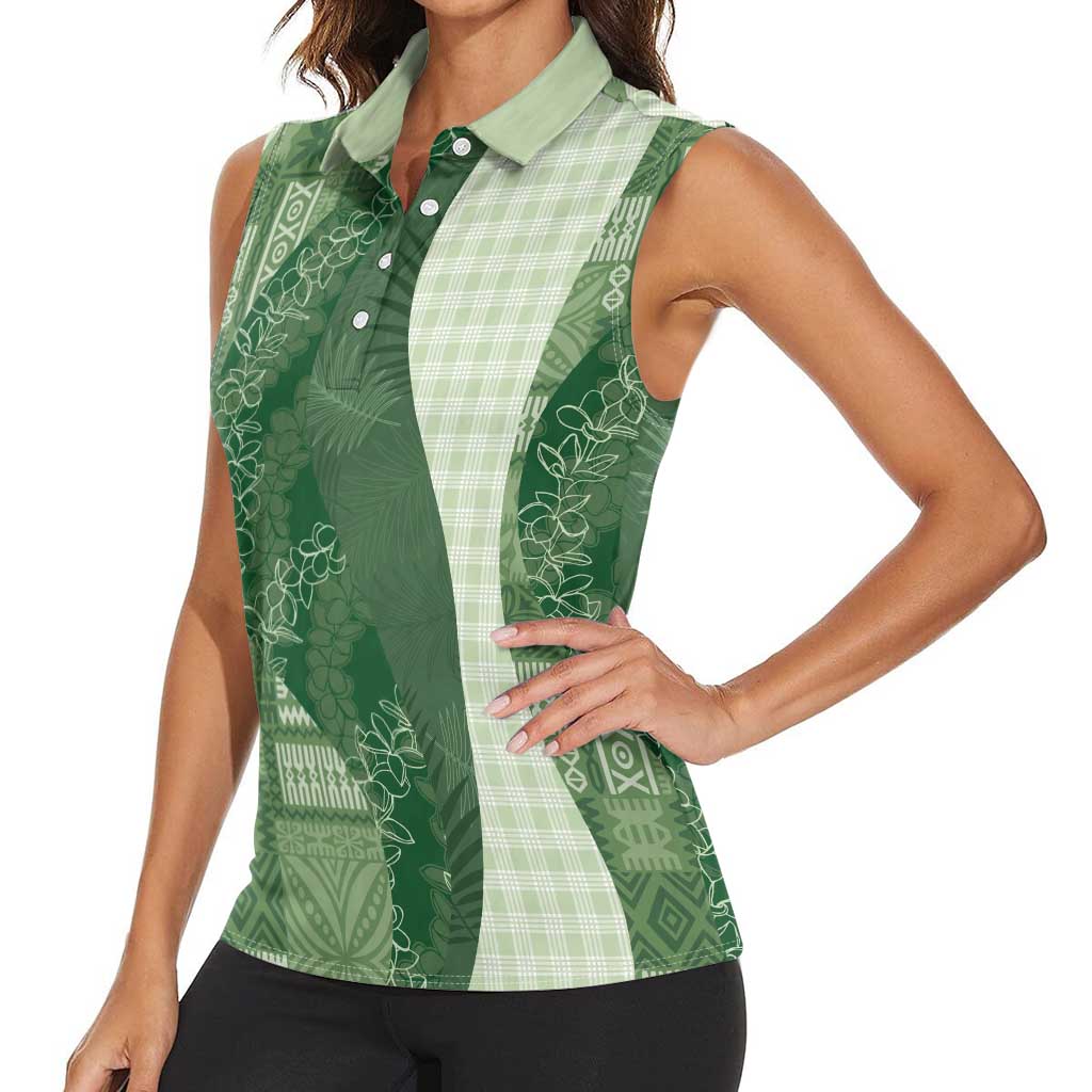 Polynesian Tribal Pattern Patchwork Picturesque Women Sleeveless Polo Shirt Sage Green