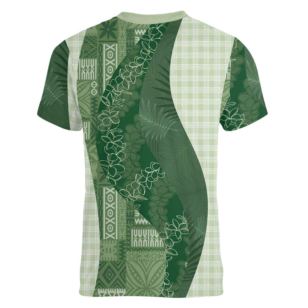 Polynesian Tribal Pattern Patchwork Picturesque Women V-Neck T-Shirt Sage Green