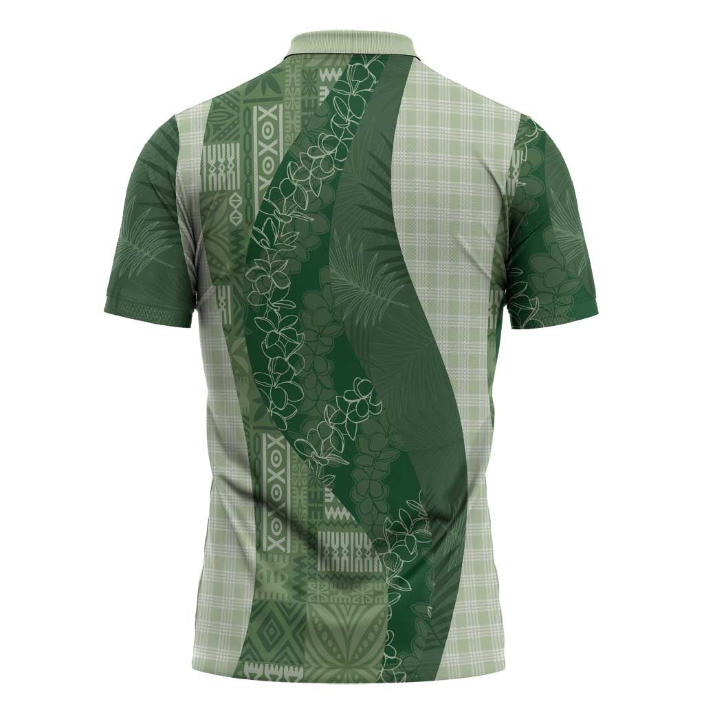 Polynesian Tribal Pattern Patchwork Picturesque Zipper Polo Shirt Sage Green