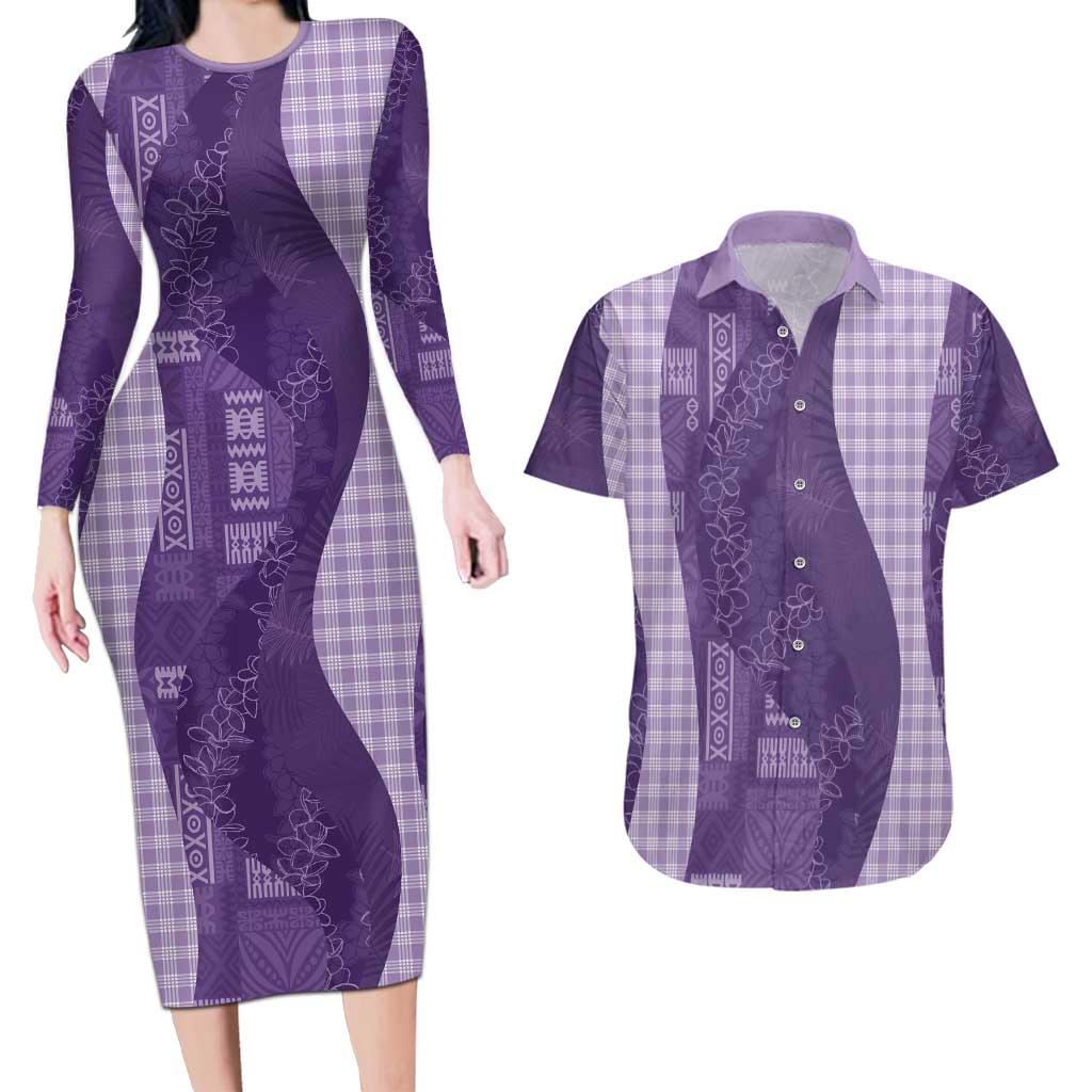 Polynesian Tribal Pattern Patchwork Picturesque Couples Matching Long Sleeve Bodycon Dress and Hawaiian Shirt Deep Violet