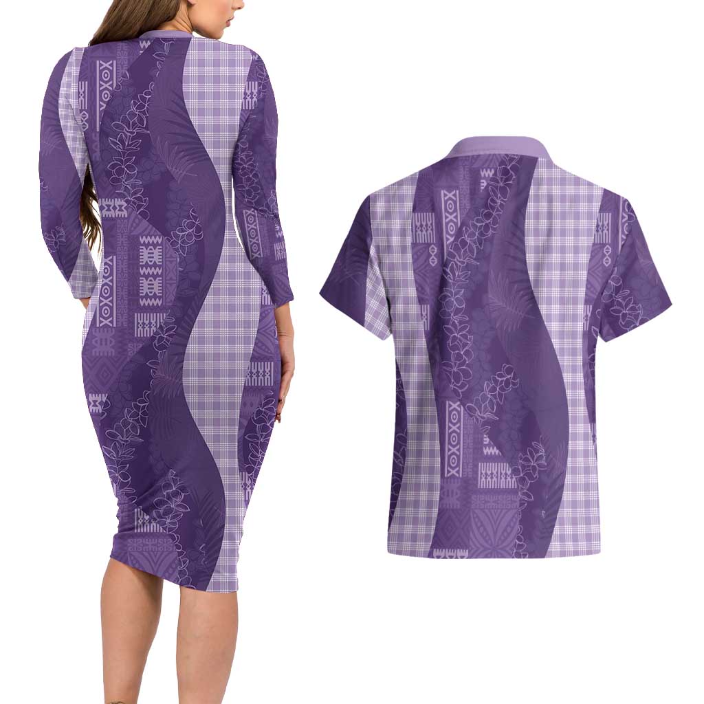 Polynesian Tribal Pattern Patchwork Picturesque Couples Matching Long Sleeve Bodycon Dress and Hawaiian Shirt Deep Violet