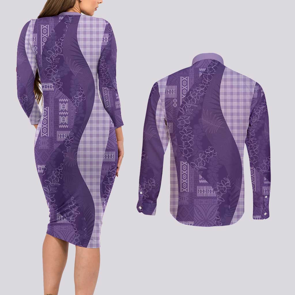 Polynesian Tribal Pattern Patchwork Picturesque Couples Matching Long Sleeve Bodycon Dress and Long Sleeve Button Shirt Deep Violet