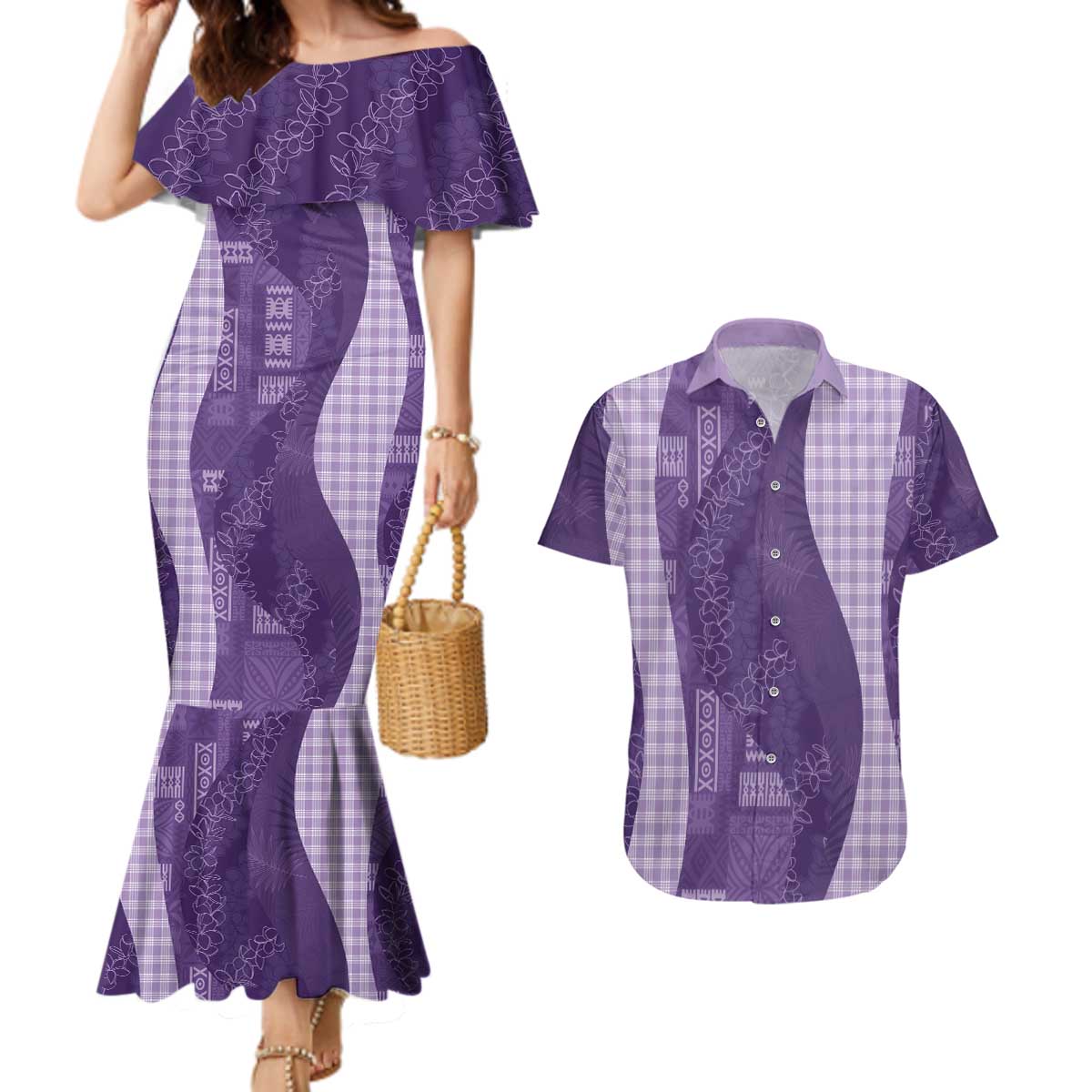 Polynesian Tribal Pattern Patchwork Picturesque Couples Matching Mermaid Dress and Hawaiian Shirt Deep Violet